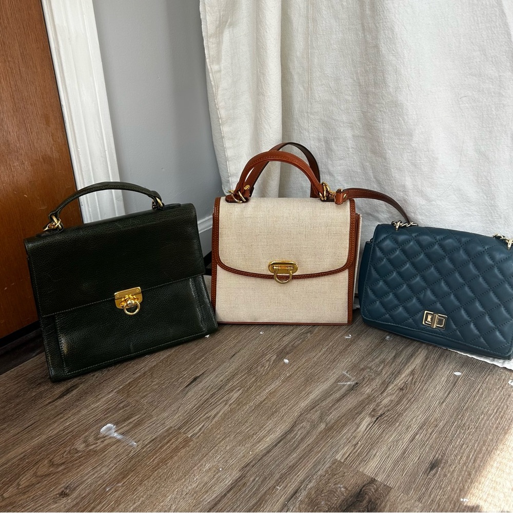 Lot of Elegant Women's Handbags - Forrest Green, Cream, and Blue
